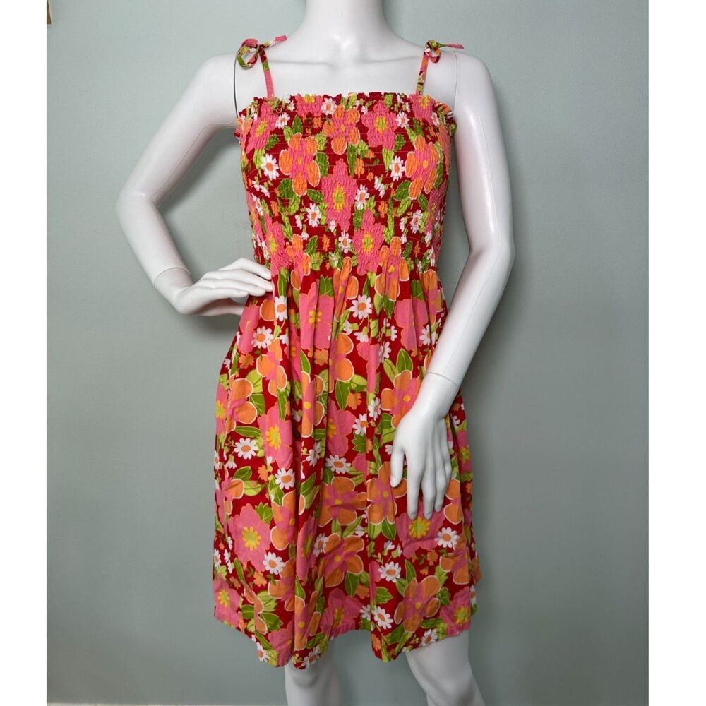 Vintage Y2K Red Floral Smocked Sundress Mini Dress Resortwear size Small